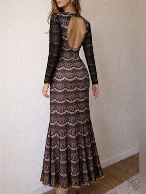 VENUS Black Lace Illusion Midi Dress Open Back Long Sleeve Medium Coquette Goth